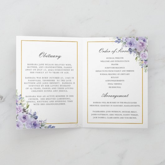 Elegante Paarse Lila Bloemen Foto Begrafenismonume Programma (Binnen)