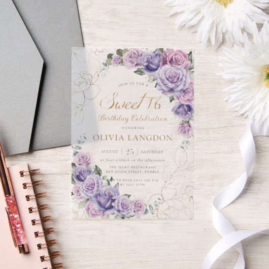Elegante Paarse Lila Lavendel Rozen Sweet 16 16th Vellum Uitnodigingen (Huwelijk)