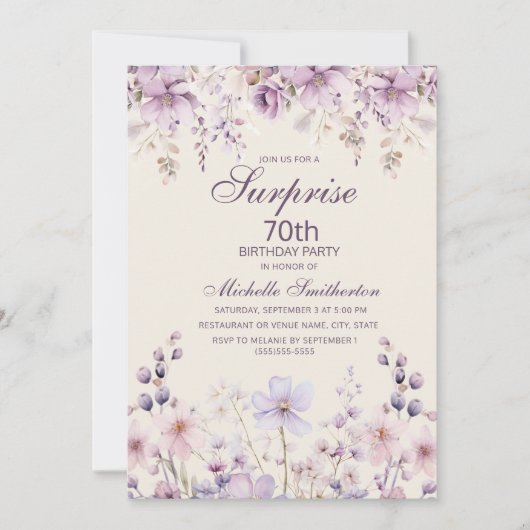 Elegante Paarse Lila Waterverf Floral 70th Kaart (Voorkant)
