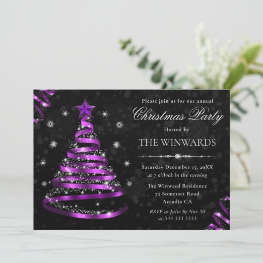 Elegante Paarse lint boom kerstfeest Kaart (Staand voorkant)