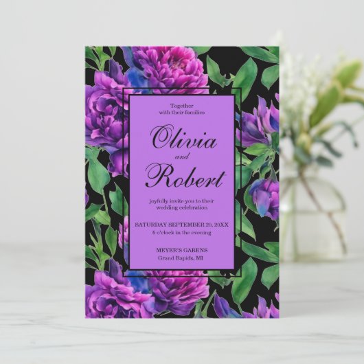 Elegante paarse magenta waterverf bloemen bruiloft kaart (Staand voorkant)