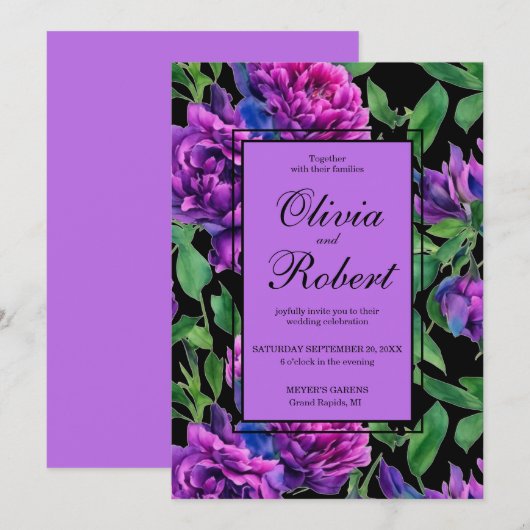 Elegante paarse magenta waterverf bloemen bruiloft kaart (Voorkant / Achterkant)