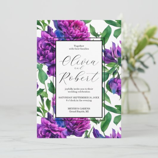 Elegante paarse magenta waterverf bloemen bruiloft kaart (Staand voorkant)