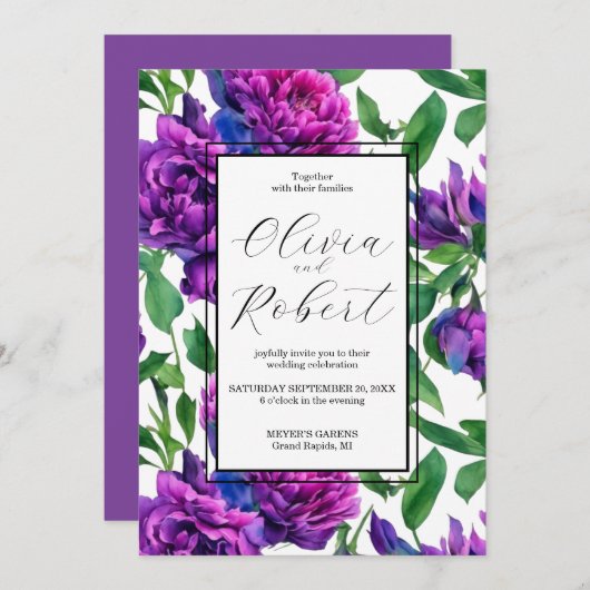 Elegante paarse magenta waterverf bloemen bruiloft kaart (Voorkant / Achterkant)