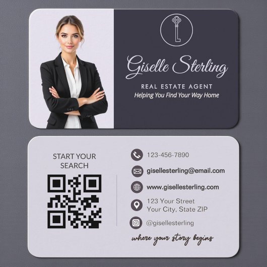Elegante Paarse Makelaar QR-code Visitekaartje