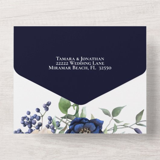 Elegante paarse marineblauwe bloemige bruiloft all all in one uitnodiging (Achterkant)