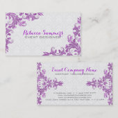 Elegante Paarse Metallic Kant Witte Damasks Visitekaartje (Voorkant / Achterkant)