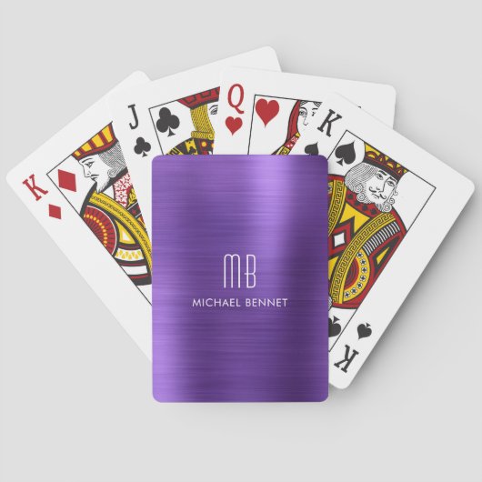 Elegante Paarse Metallic Monogram Naam Pokerkaarten (Achterkant)