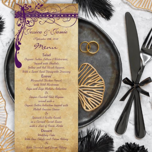 Elegante Paarse Middeleeuwse Renaissance Trouwmenu Menu
