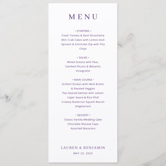 Elegante Paarse Minimalistische Trouwmenu Menu (Voorkant)