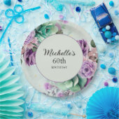 Elegante Paarse Mint Groene Bloemen 60ste Verjaard Papieren Bordje (Feest)