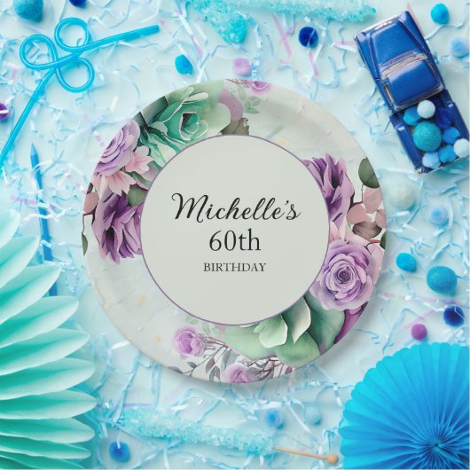 Elegante Paarse Mint Groene Bloemen 60ste Verjaard Papieren Bordje (Feest)