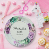 Elegante Paarse Mint Groene Bloemen 60ste Verjaard Papieren Bordje (Feest)