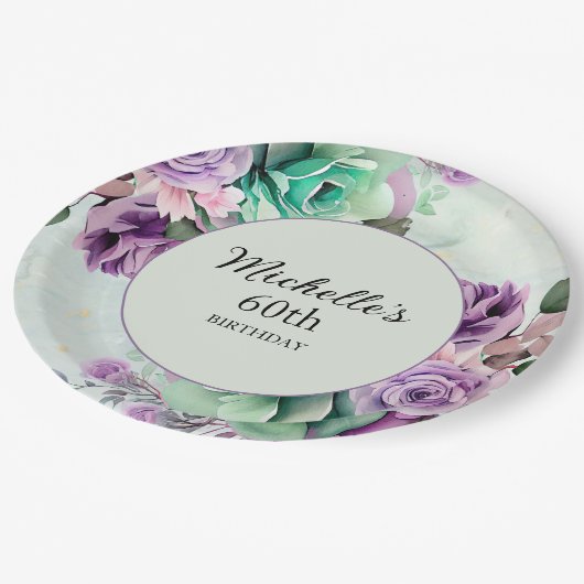 Elegante Paarse Mint Groene Bloemen 60ste Verjaard Papieren Bordje (Gekanteld)