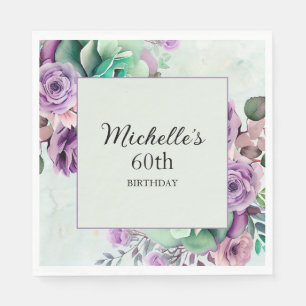 Elegante Paarse Mint Groene Bloemen 60ste Verjaard Servet
