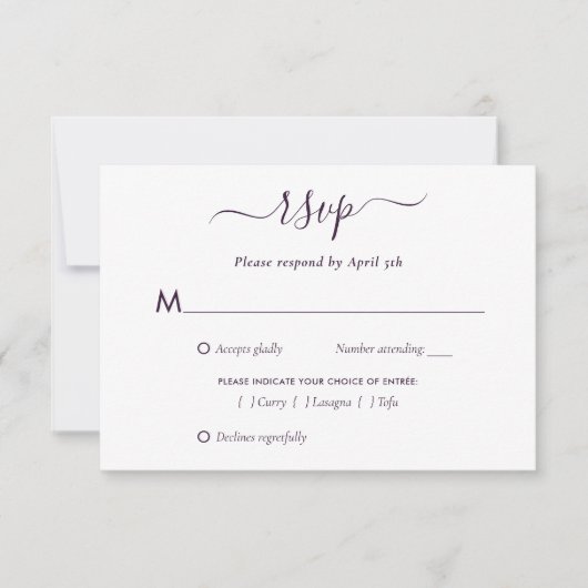 Elegante Paarse Modern Script Wedding RSVP Kaart (Voorkant)