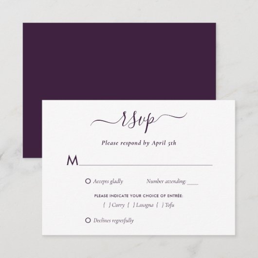Elegante Paarse Modern Script Wedding RSVP Kaart (Voorkant / Achterkant)