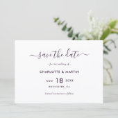 Elegante Paarse Moderne Scriptie Bruiloft Save The Date (Staand voorkant)