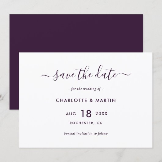 Elegante Paarse Moderne Scriptie Bruiloft Save The Date (Voorkant / Achterkant)