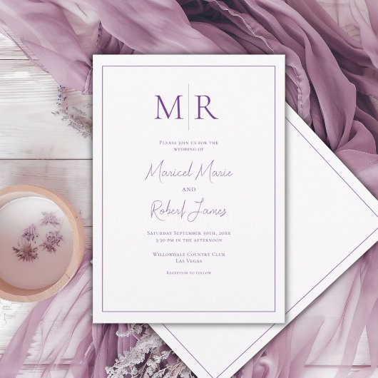 Elegante Paarse Monogram Moderne Trouwdag Kaart
