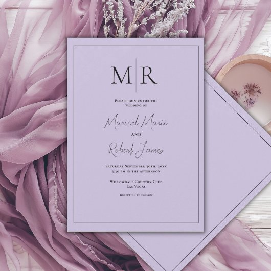 Elegante Paarse Monogram Moderne Trouwdag Kaart