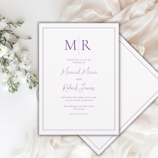 Elegante Paarse Monogram Moderne Trouwdag Kaart