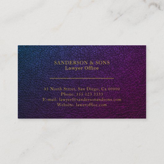 Elegante paarse navy faux leer gouden script advoc visitekaartje (Achterkant)