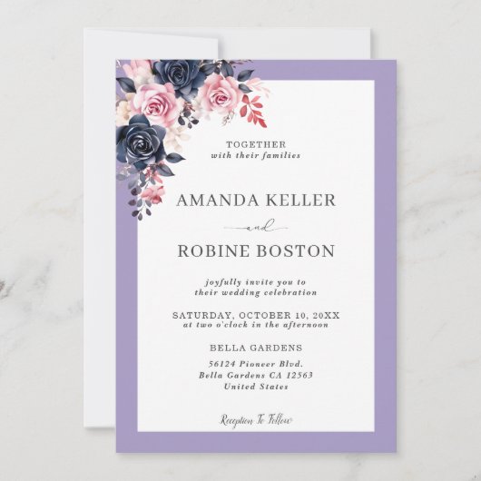 Elegante Paarse Navy Roos bruiloft uitnodiging (Voorkant)
