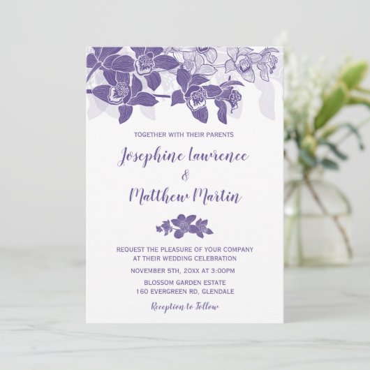 Elegante Paarse Orchidee bruiloft uitnodiging (Staand voorkant)