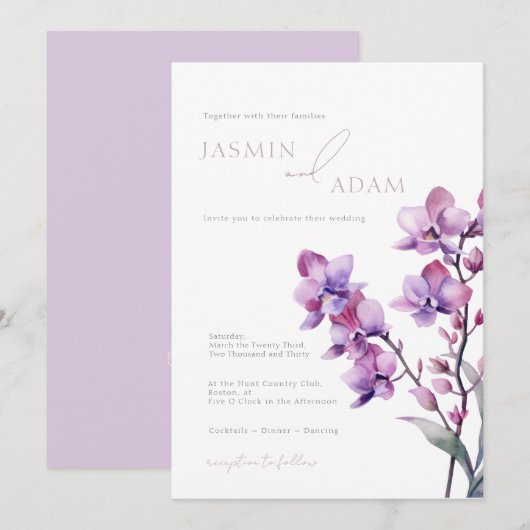 Elegante Paarse Orchidee Huwelijk Kaart (Voorkant / Achterkant)