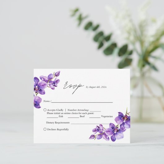Elegante Paarse Orchidee script bruiloft RSVP Kaartje (Staand voorkant)