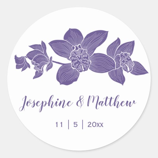 Elegante Paarse Orchideeën Bloemen Trouwstickers Ronde Sticker (Voorkant)