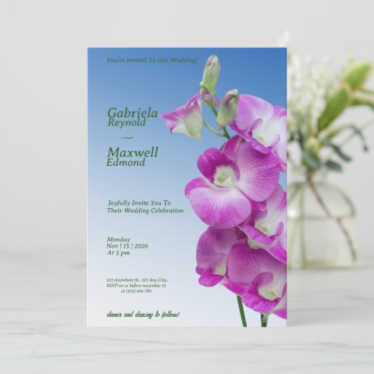 Elegante Paarse Orchideeën bruiloft Kaart (Staand voorkant)