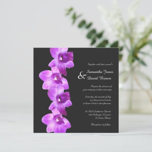 Elegante paarse orchideeën trouwkaart kaart (Staand voorkant)