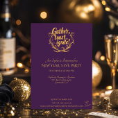 Elegante paarse Oud en Nieuw met gouden bladwerk Kaart