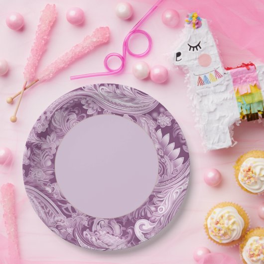 Elegante Paarse Paisley Border Papieren Bordje (Feest)