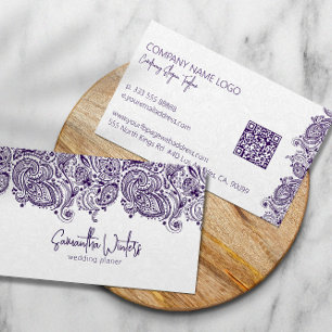 Elegante paarse paisley op witte weddingplanner visitekaartje