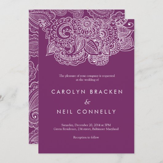 Elegante Paarse Paisley Patroon Bloemenbruiloft Kaart (Voorkant / Achterkant)