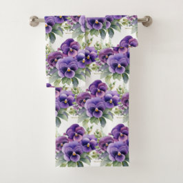 Elegante Paarse Pansy Pansies Bloemenhanddoek Set Bad Handdoek