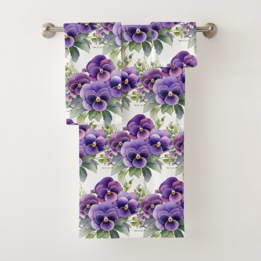 Elegante Paarse Pansy Pansies Bloemenhanddoek Set Bad Handdoek (Insitu)