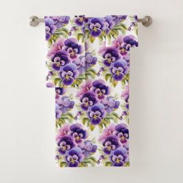 Elegante Paarse Pansy Pansies Bloemenhanddoek Set Bad Handdoek
