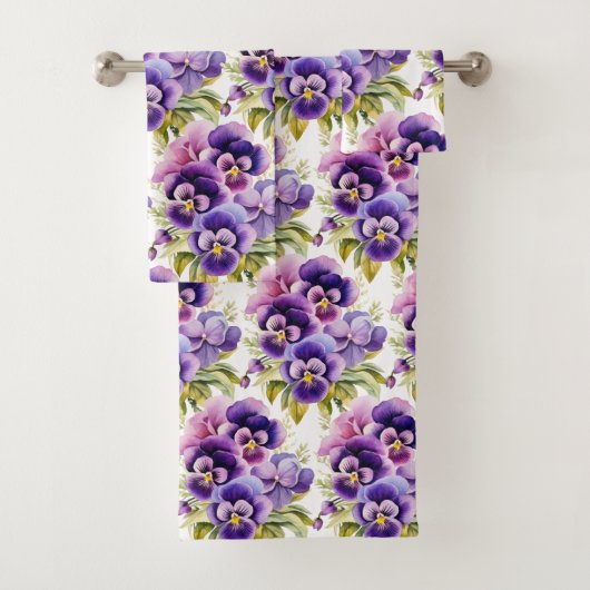 Elegante Paarse Pansy Pansies Bloemenhanddoek Set Bad Handdoek (Insitu)