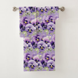Elegante Paarse Pansy Pansies Bloemenhanddoek Set Bad Handdoek