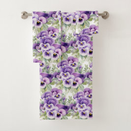 Elegante Paarse Pansy Pansies Bloemenhanddoek Set Bad Handdoek