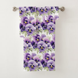 Elegante Paarse Pansy Pansies Bloemenhanddoek Set Bad Handdoek