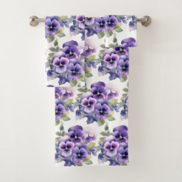 Elegante Paarse Pansy Pansies Bloemenhanddoek Set Bad Handdoek