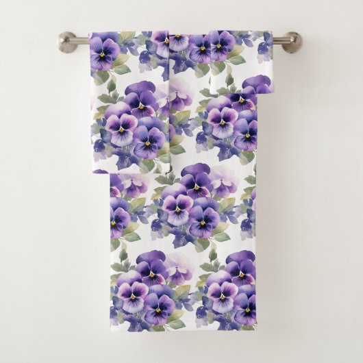 Elegante Paarse Pansy Pansies Bloemenhanddoek Set Bad Handdoek (Insitu)