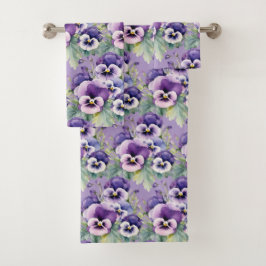 Elegante Paarse Pansy Pansies Bloemenhanddoek Set Bad Handdoek