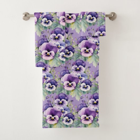 Elegante Paarse Pansy Pansies Bloemenhanddoek Set Bad Handdoek (Insitu)