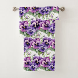 Elegante Paarse Pansy Pansies Bloemenhanddoek Set Bad Handdoek